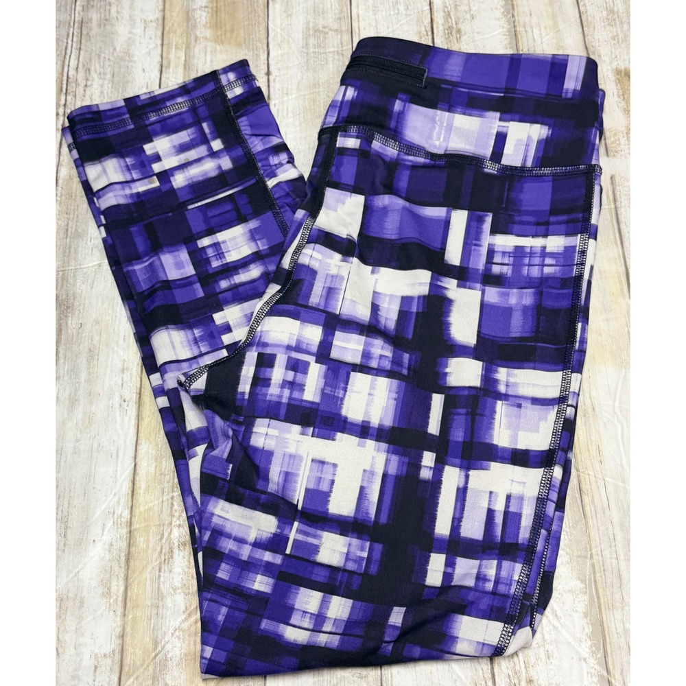 Chicos Zenergy Purple Abstract Plaid Athletic Leggings Zip Pocket Size 1(U.S. 8)